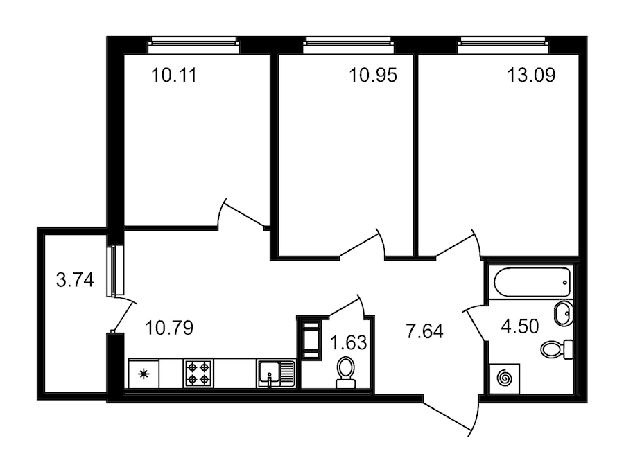 3-комнатная квартира 58.71 м², 11/15 эт., ЖК «Новые горизонты»